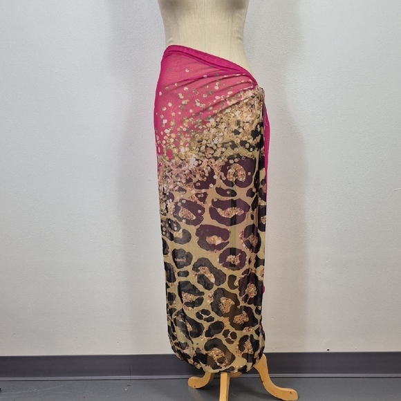 Beach Cover Up Skirt Women's XL Midi Pink & Leopard Animal Print Stretch Mesh - Picture 3 of 9